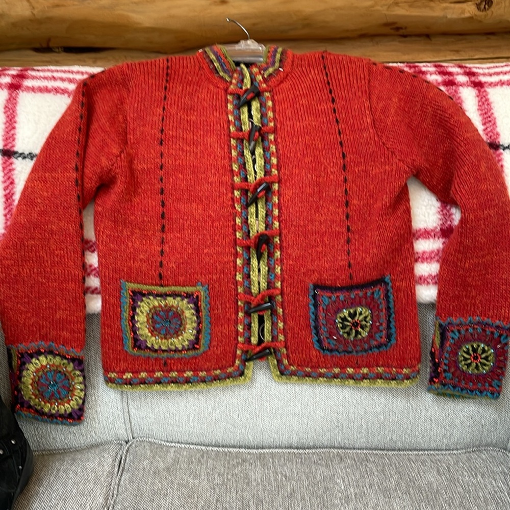 Handcrafted Red Wool Jacket with Multicolor Accents - Picture 4 of 12